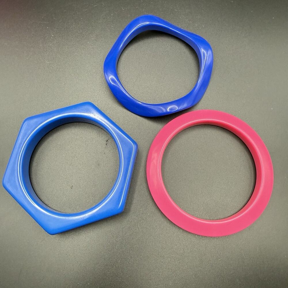 Retro 80s Mod Chunky Acrylic Bangle Bracelet Set Blue Fuchsia Pink 3pc Pop Art